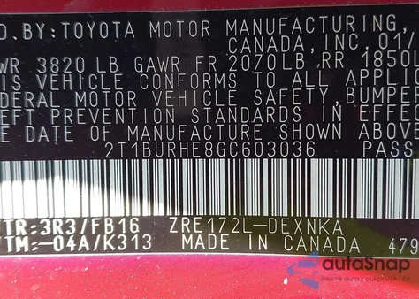 2016 Toyota Corolla Le z USA, uszkodzony, nr VIN 2T1BURHE8GC603036